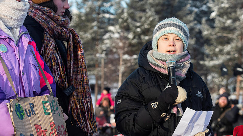Swedish climate activist Greta Thunberg speaks during a climate strike with Sami children in Jokkmokk