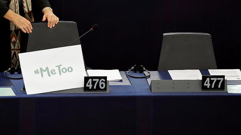 A placard with the hashtag "MeToo" is seen on a European Parliament member's desk in Strasbourg