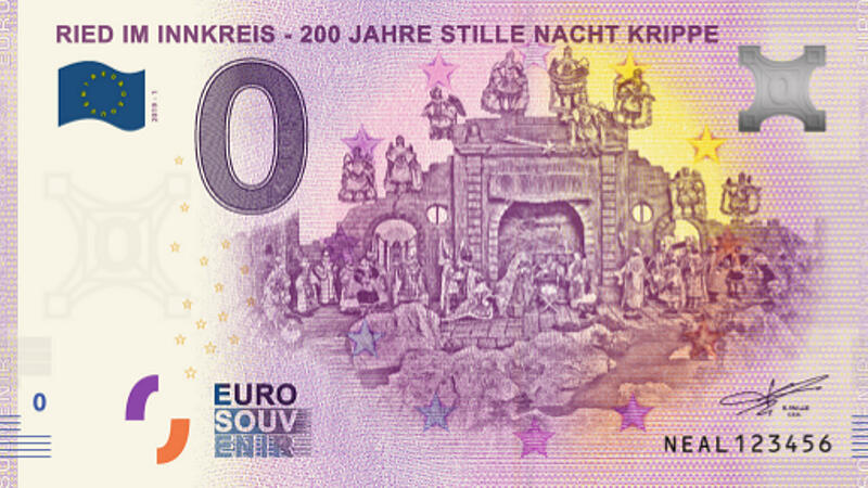 "0-Euro-Banknote" mit originaler Stille-Nacht-Krippe