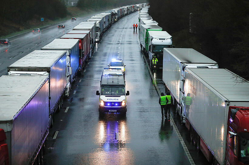 Lorries are parked on M20 motorway near Ashford