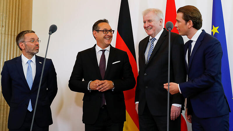 Austrian Chancellor Sebastian Kurz , Vice Chancellor Heinz-Christian Strache and Interior Minister Herbert Kickl welcome German Interior Minister and CSU head Horst Seehofer in Vienna