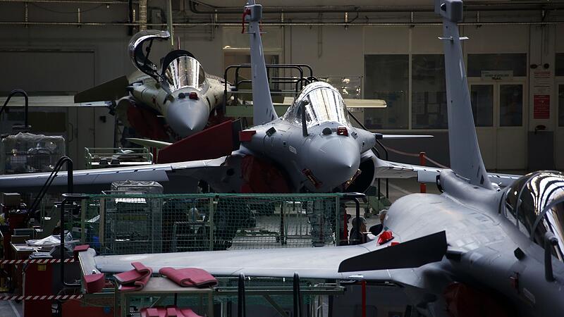 View of the assembly line of the Rafale jet fighter in the factory of French aircraft manufacturer Dassault Aviation in Merignac near Bordeaux