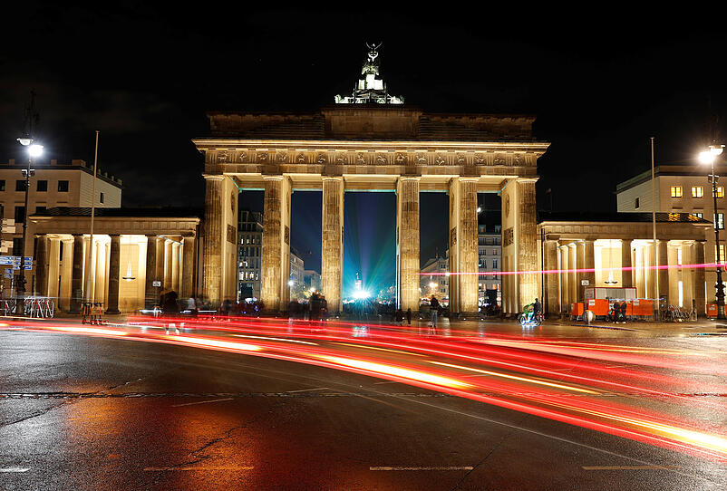 A long time exposure picture shows the Brandenburg Gate in Berlin