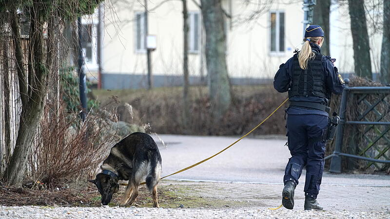 Police officer with dog patrols at knife attack site in Vetlanda
