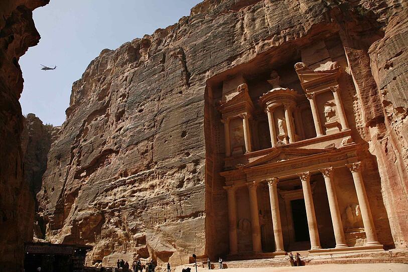 A U.S. Secret Service helicopter flies over the ancient historic and archaeological site of Petra before a visit by U.S. President Barack Obama