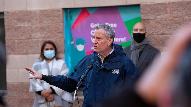 New York City Mayor Bill de Blasio speaks during a press conference at the Bathgate Post Office, in the Bronx