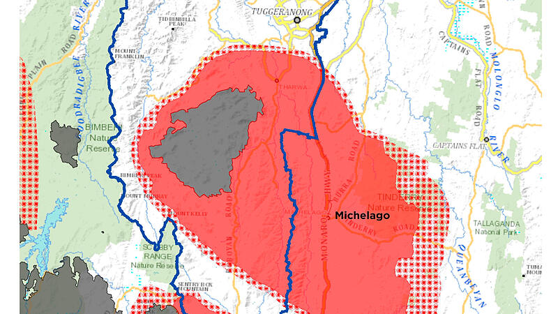 A map shows the predicted spread of bushfire near Canberra and the Australian Capital Territory