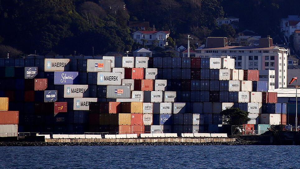 FILE PHOTO: Houses and apartment blocks can be seen behind containers stacked on a dock in Wellington, New Zealand